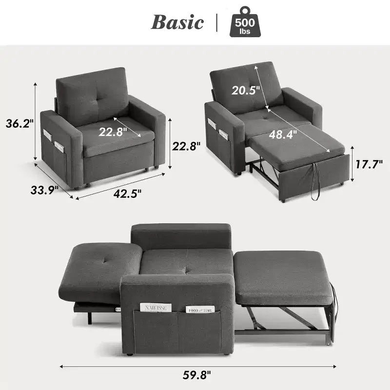 42,5 Zoll 3-in-1 Schlafsofa, wandelbarer Sessel mit ausziehbarem Bett, verstellbarer Rückenlehne, Seitentaschen