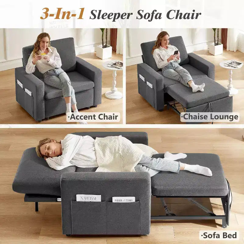 42,5 Zoll 3-in-1 Schlafsofa, wandelbarer Sessel mit ausziehbarem Bett, verstellbarer Rückenlehne, Seitentaschen