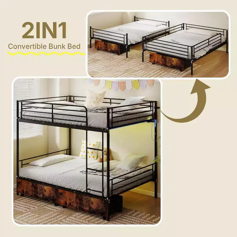 Etagenbett Full-over-Full umwandelbar, mit 2 Schubladen, USB-Ladestation, LED-Beleuchtung, kein Boxspringbett erforderlich, Metall, schwarz