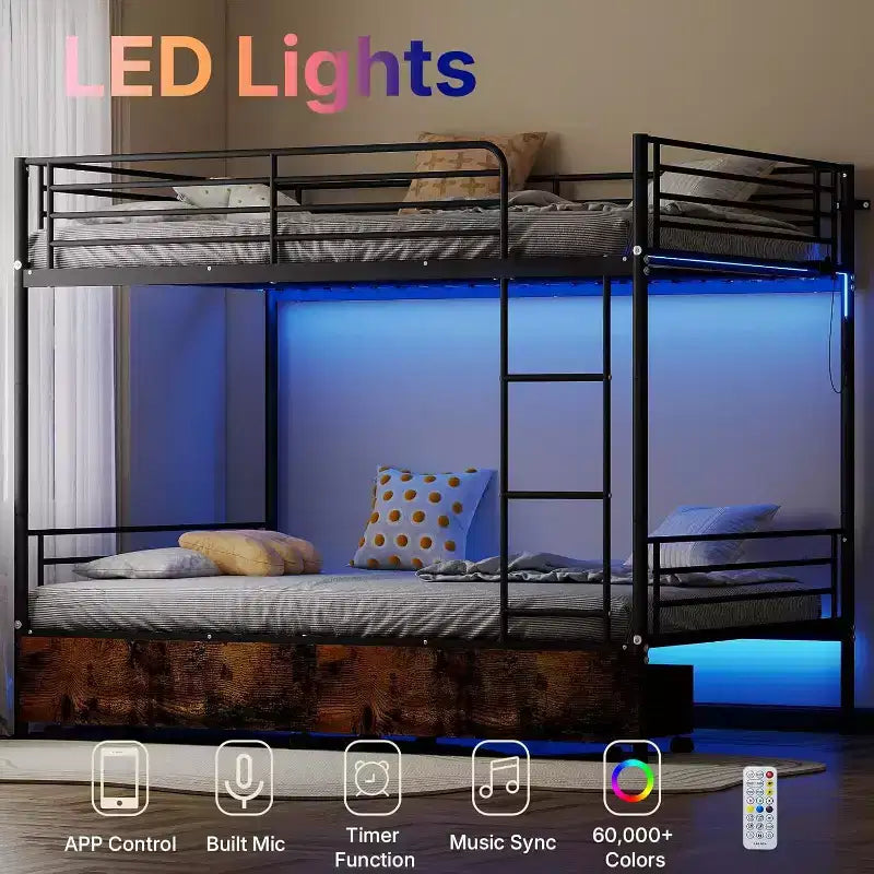Etagenbett Full-over-Full umwandelbar, mit 2 Schubladen, USB-Ladestation, LED-Beleuchtung, kein Boxspringbett erforderlich, Metall, schwarz