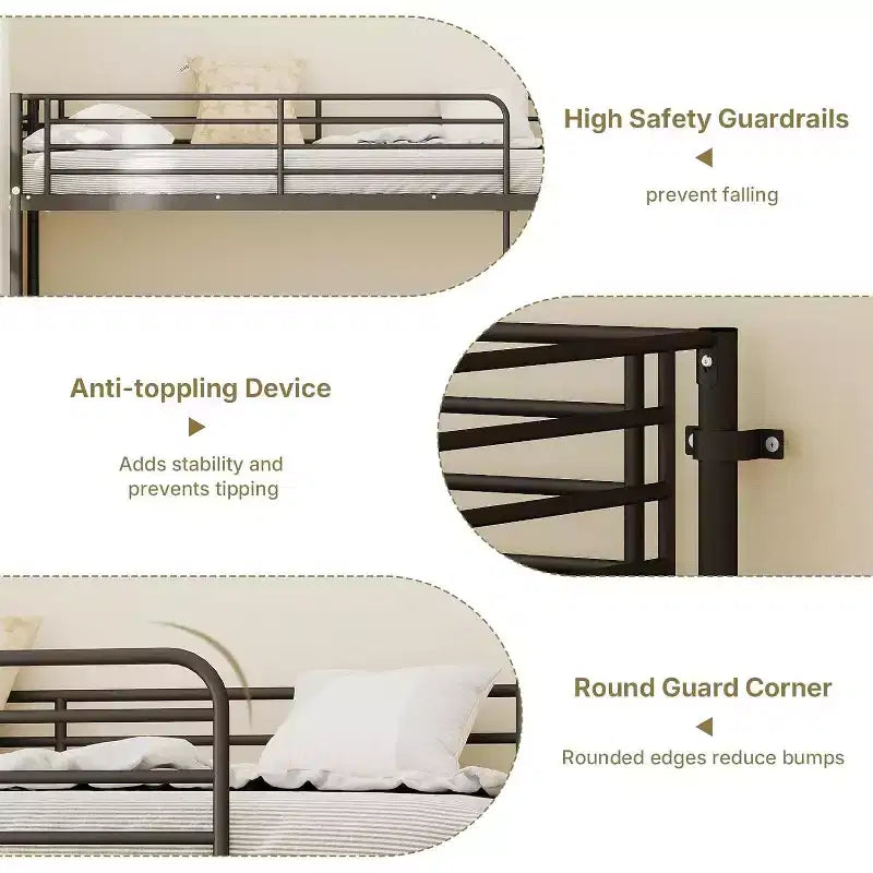 Etagenbett Full-over-Full umwandelbar, mit 2 Schubladen, USB-Ladestation, LED-Beleuchtung, kein Boxspringbett erforderlich, Metall, schwarz