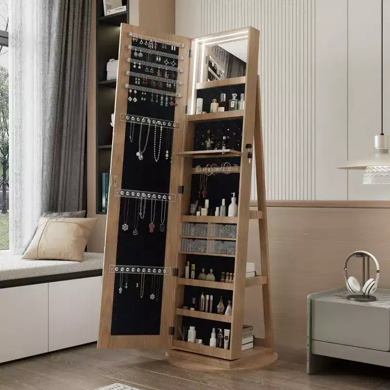 360° drehbarer Schmuckschrank mit Ganzkörperspiegel, drehbarer Standspiegel, freistehender Ganzkörper-Schmuckschrank-Organizer