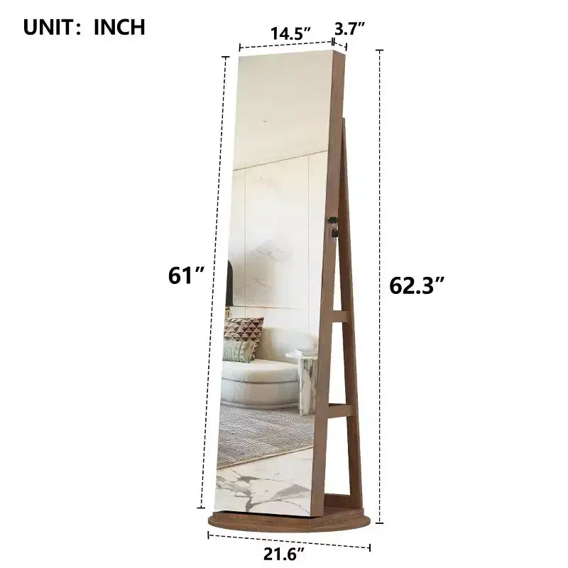 360° drehbarer Schmuckschrank mit Ganzkörperspiegel, drehbarer Standspiegel, freistehender Ganzkörper-Schmuckschrank-Organizer