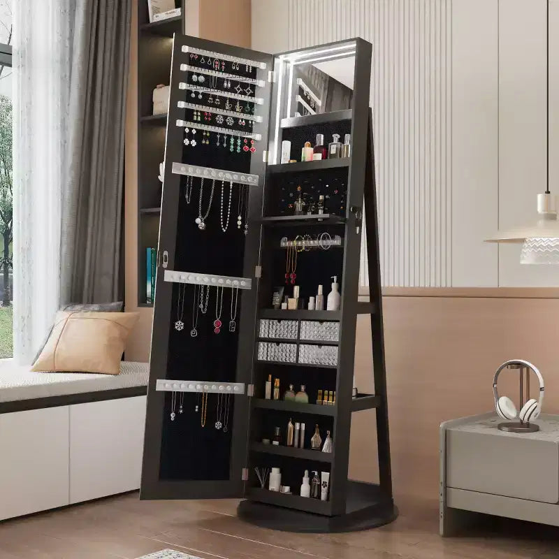 360° drehbarer Schmuckschrank mit Ganzkörperspiegel, drehbarer Standspiegel, freistehender Ganzkörper-Schmuckschrank-Organizer