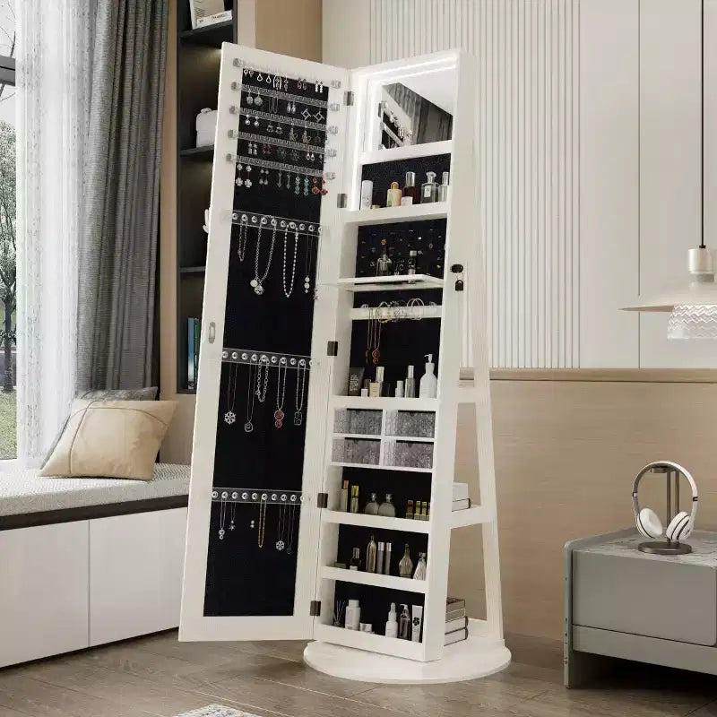 360° drehbarer Schmuckschrank mit Ganzkörperspiegel, drehbarer Standspiegel, freistehender Ganzkörper-Schmuckschrank-Organizer