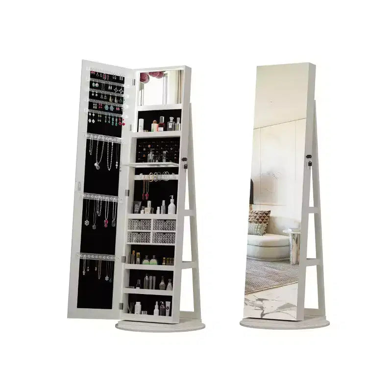 360° drehbarer Schmuckschrank mit Ganzkörperspiegel, drehbarer Standspiegel, freistehender Ganzkörper-Schmuckschrank-Organizer