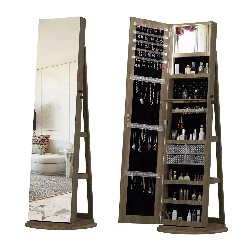360° drehbarer Schmuckschrank mit Ganzkörperspiegel, drehbarer Standspiegel, freistehender Ganzkörper-Schmuckschrank-Organizer