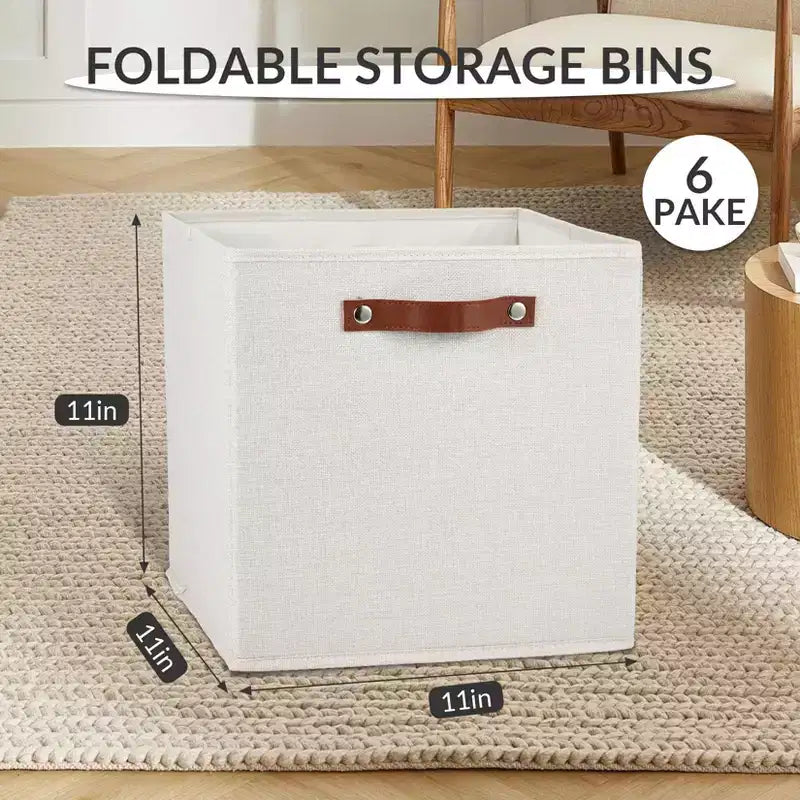 6er-Pack 28 cm Leinen-Aufbewahrungsboxen mit Ledergriffen, faltbare offene Würfelkörbe für Regale im Kleiderschrank