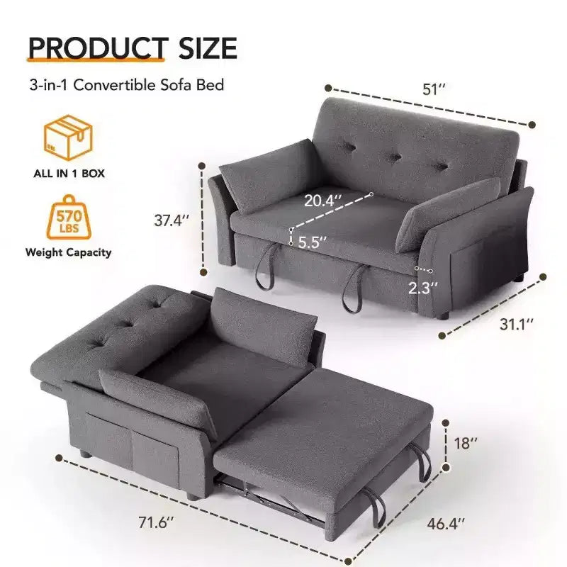 51 Zoll 3-in-1 Schlafsofa ausziehbar, umwandelbares Loveseat mit verstellbarer Rückenlehne, Chenille-Polsterung, Seitentasche