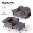 51 Zoll 3-in-1 Schlafsofa ausziehbar, umwandelbares Loveseat mit verstellbarer Rückenlehne, Chenille-Polsterung, Seitentasche