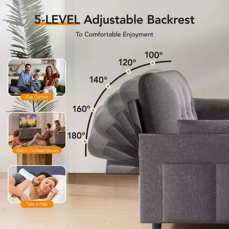 51 Zoll 3-in-1 Schlafsofa ausziehbar, umwandelbares Loveseat mit verstellbarer Rückenlehne, Chenille-Polsterung, Seitentasche