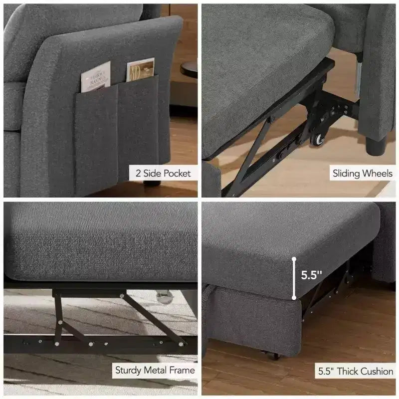 51 Zoll 3-in-1 Schlafsofa ausziehbar, umwandelbares Loveseat mit verstellbarer Rückenlehne, Chenille-Polsterung, Seitentasche
