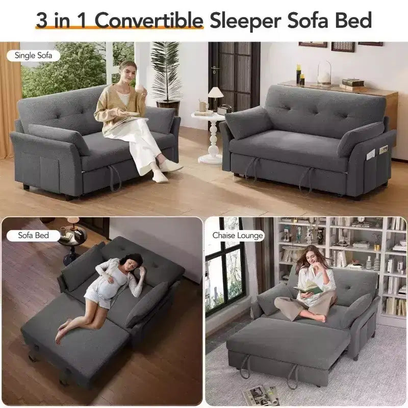 51 Zoll 3-in-1 Schlafsofa ausziehbar, umwandelbares Loveseat mit verstellbarer Rückenlehne, Chenille-Polsterung, Seitentasche
