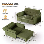 51 Zoll 3-in-1 Schlafsofa ausziehbar, umwandelbares Loveseat mit verstellbarer Rückenlehne, Chenille-Polsterung, Seitentasche