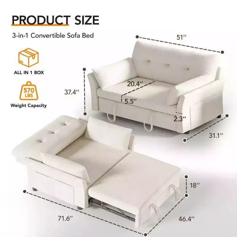51 Zoll 3-in-1 Schlafsofa ausziehbar, umwandelbares Loveseat mit verstellbarer Rückenlehne, Chenille-Polsterung, Seitentasche
