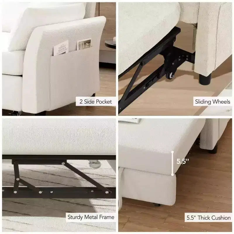 51 Zoll 3-in-1 Schlafsofa ausziehbar, umwandelbares Loveseat mit verstellbarer Rückenlehne, Chenille-Polsterung, Seitentasche