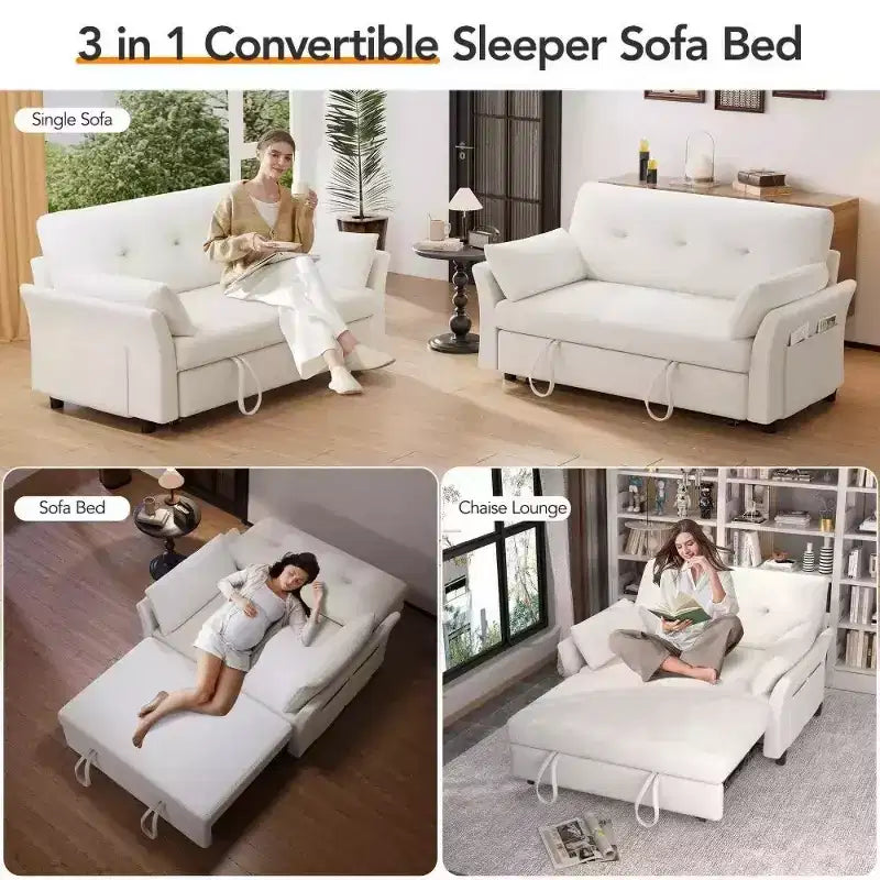 51 Zoll 3-in-1 Schlafsofa ausziehbar, umwandelbares Loveseat mit verstellbarer Rückenlehne, Chenille-Polsterung, Seitentasche
