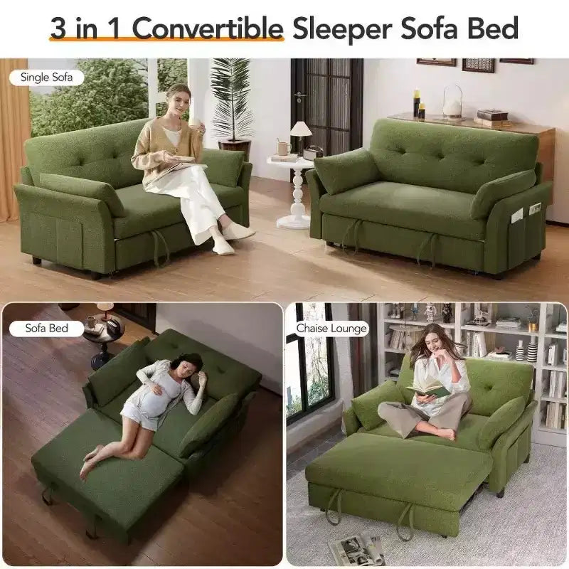 51 Zoll 3-in-1 Schlafsofa ausziehbar, umwandelbares Loveseat mit verstellbarer Rückenlehne, Chenille-Polsterung, Seitentasche