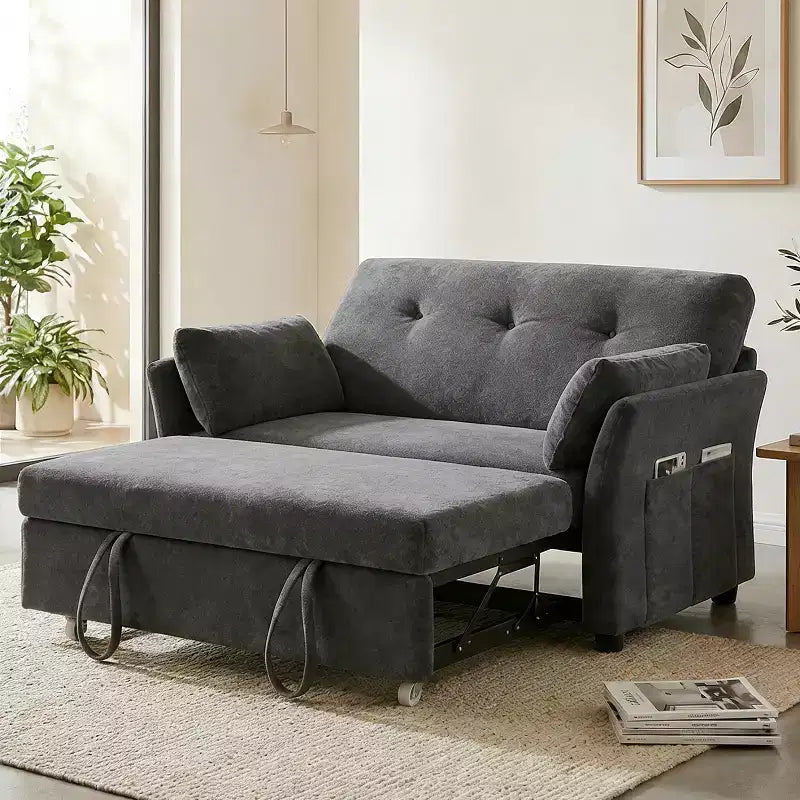 51 Zoll 3-in-1 Schlafsofa ausziehbar, umwandelbares Loveseat mit verstellbarer Rückenlehne, Chenille-Polsterung, Seitentasche