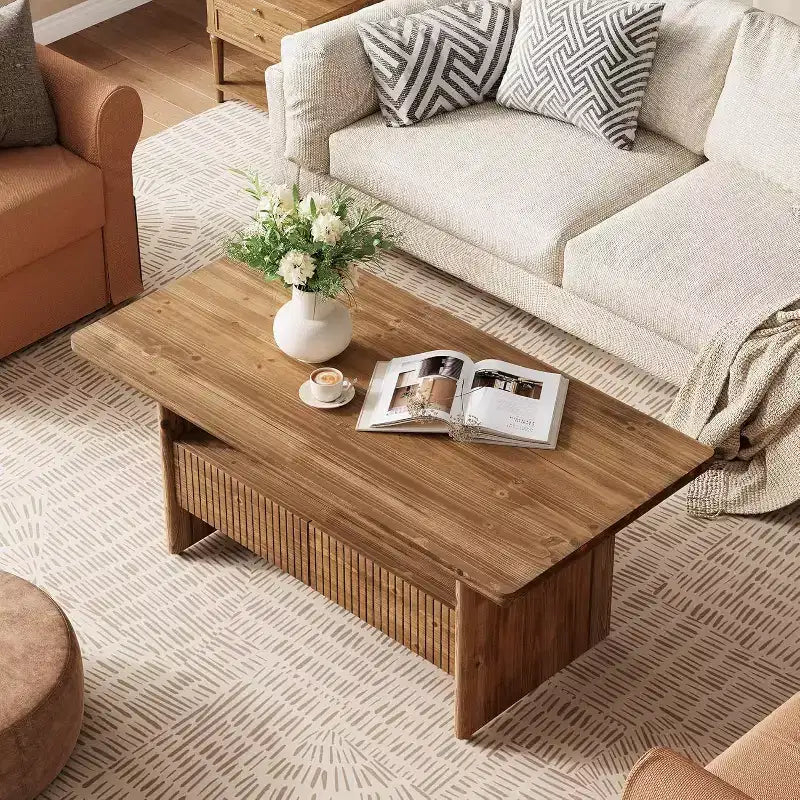 47.24 Massivholz-Couchtisch mit 2 Schubladen, rustikaler rechteckiger Teetisch mit 2 Ebenen und offenem Regal zur Aufbewahrung für das Wohnzimmer