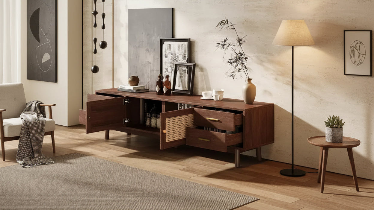 JVNOXK 70-inch Mid-Century Modern TV Stand, suitable for TVs up to 80 inches, featuring roller shutters and recessed drawers, for the living room