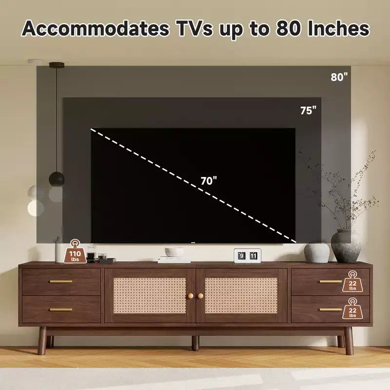 70 Zoll Mid-Century Modern TV-Ständer, geeignet für Fernseher bis 80 Zoll, mit Rollläden und eingelassenen Schubladen, für das Wohnzimmer