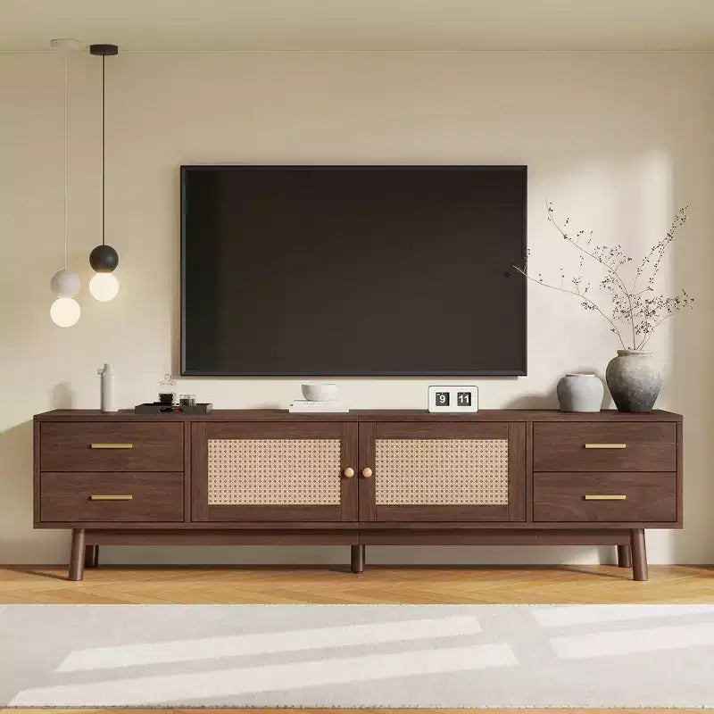 70 Zoll Mid-Century Modern TV-Ständer, geeignet für Fernseher bis 80 Zoll, mit Rollläden und eingelassenen Schubladen, für das Wohnzimmer