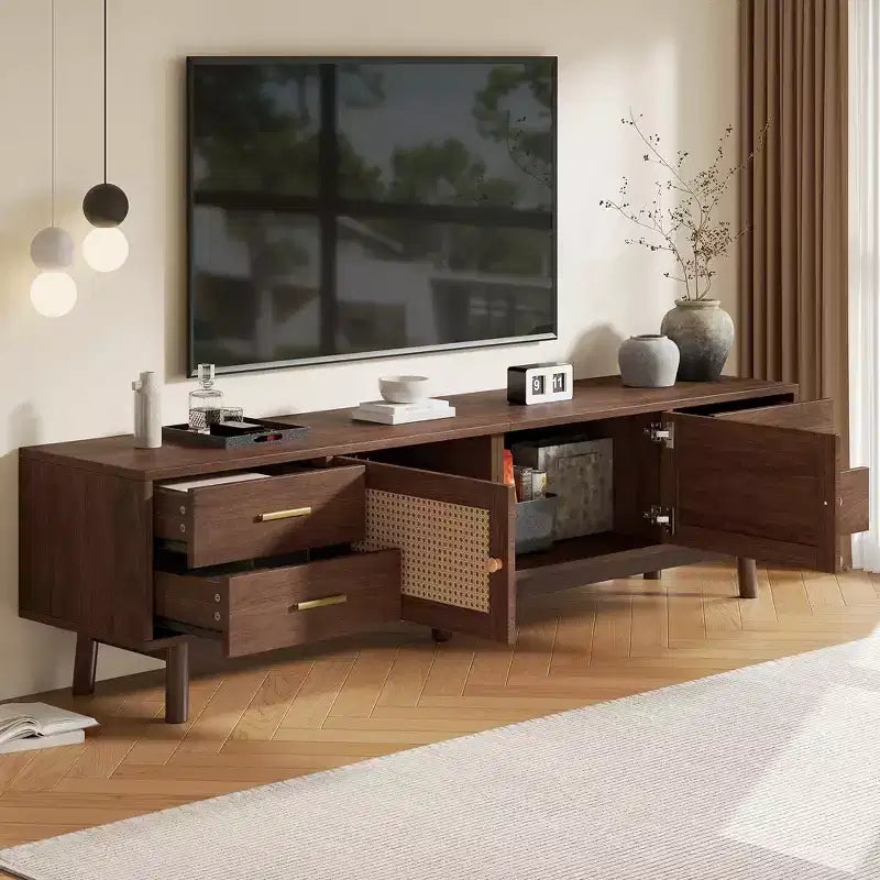 70 Zoll Mid-Century Modern TV-Ständer, geeignet für Fernseher bis 80 Zoll, mit Rollläden und eingelassenen Schubladen, für das Wohnzimmer