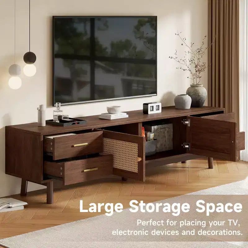 70 Zoll Mid-Century Modern TV-Ständer, geeignet für Fernseher bis 80 Zoll, mit Rollläden und eingelassenen Schubladen, für das Wohnzimmer