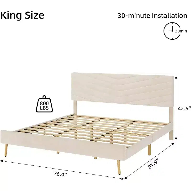 King Size Samt Polsterbettgestell mit verstellbarem Kopfteil, Holzlattenrost, geräuschlos, kein Boxspringbett erforderlich, Beige