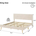 King Size Samt Polsterbettgestell mit verstellbarem Kopfteil, Holzlattenrost, geräuschlos, kein Boxspringbett erforderlich, Beige