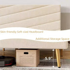 King Size Samt Polsterbettgestell mit verstellbarem Kopfteil, Holzlattenrost, geräuschlos, kein Boxspringbett erforderlich, Beige