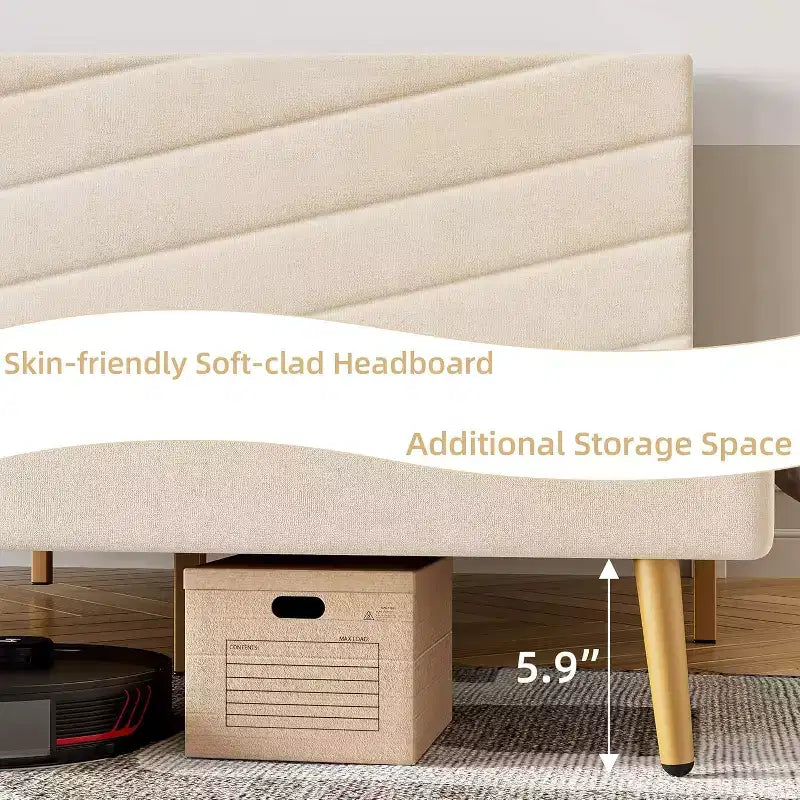 King Size Samt Polsterbettgestell mit verstellbarem Kopfteil, Holzlattenrost, geräuschlos, kein Boxspringbett erforderlich, Beige