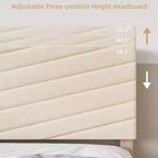 King Size Samt Polsterbettgestell mit verstellbarem Kopfteil, Holzlattenrost, geräuschlos, kein Boxspringbett erforderlich, Beige