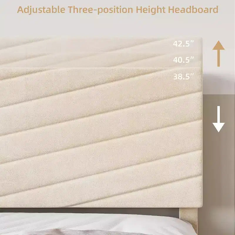 King Size Samt Polsterbettgestell mit verstellbarem Kopfteil, Holzlattenrost, geräuschlos, kein Boxspringbett erforderlich, Beige