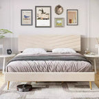 King Size Samt Polsterbettgestell mit verstellbarem Kopfteil, Holzlattenrost, geräuschlos, kein Boxspringbett erforderlich, Beige