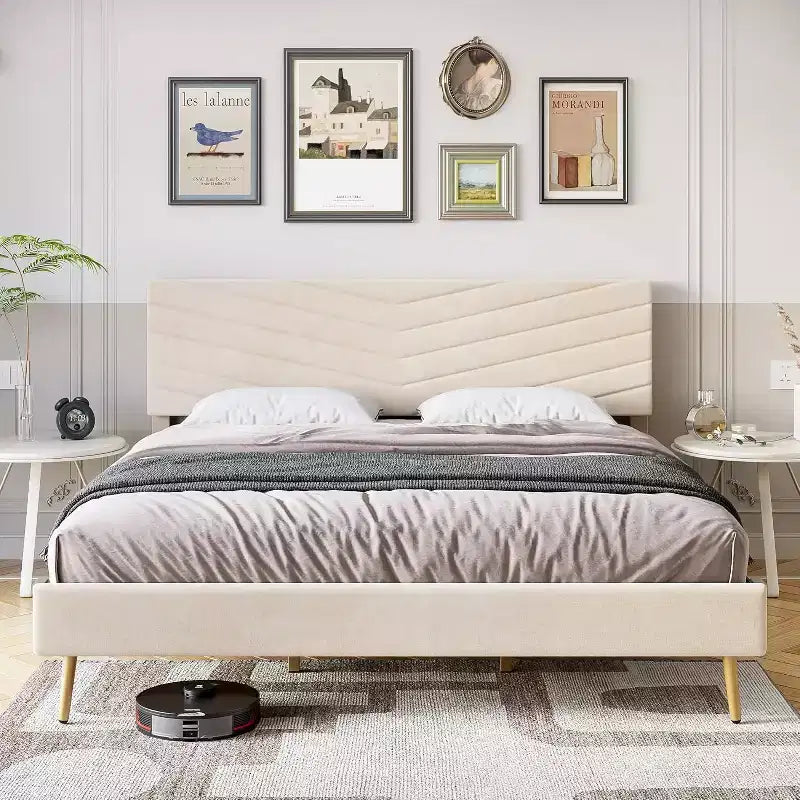 King Size Samt Polsterbettgestell mit verstellbarem Kopfteil, Holzlattenrost, geräuschlos, kein Boxspringbett erforderlich, Beige