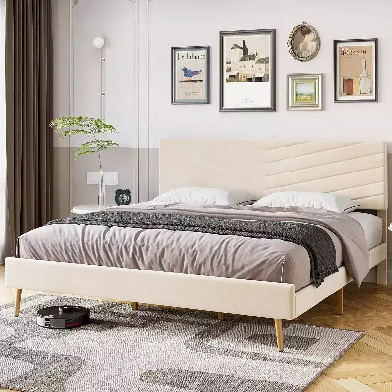King Size Samt Polsterbettgestell mit verstellbarem Kopfteil, Holzlattenrost, geräuschlos, kein Boxspringbett erforderlich, Beige