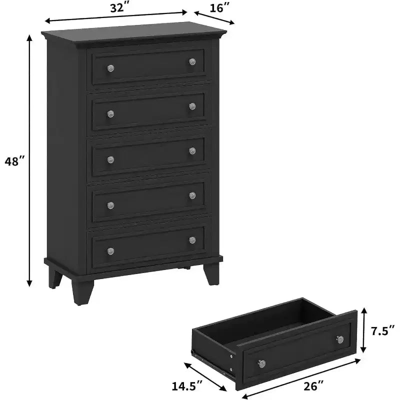 Vintage Kommode mit 5 Schubladen, Standfestes Kippschutz-Aufbewahrungsmöbel aus MDF mit leichtgängiger Metallschiene für Schlafzimmer und Wohnzimmer