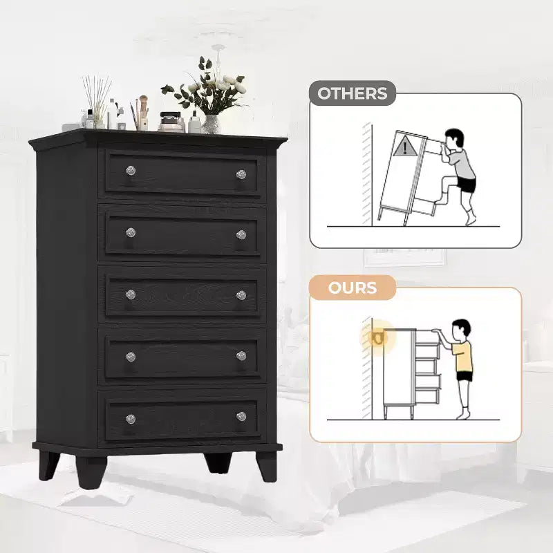 Vintage Kommode mit 5 Schubladen, Standfestes Kippschutz-Aufbewahrungsmöbel aus MDF mit leichtgängiger Metallschiene für Schlafzimmer und Wohnzimmer