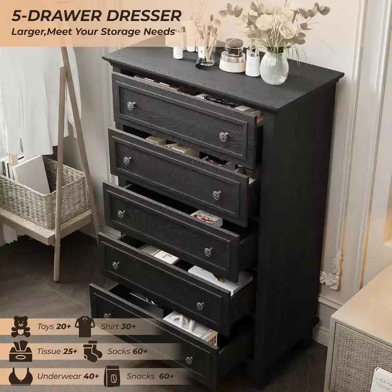 Vintage Kommode mit 5 Schubladen, Standfestes Kippschutz-Aufbewahrungsmöbel aus MDF mit leichtgängiger Metallschiene für Schlafzimmer und Wohnzimmer