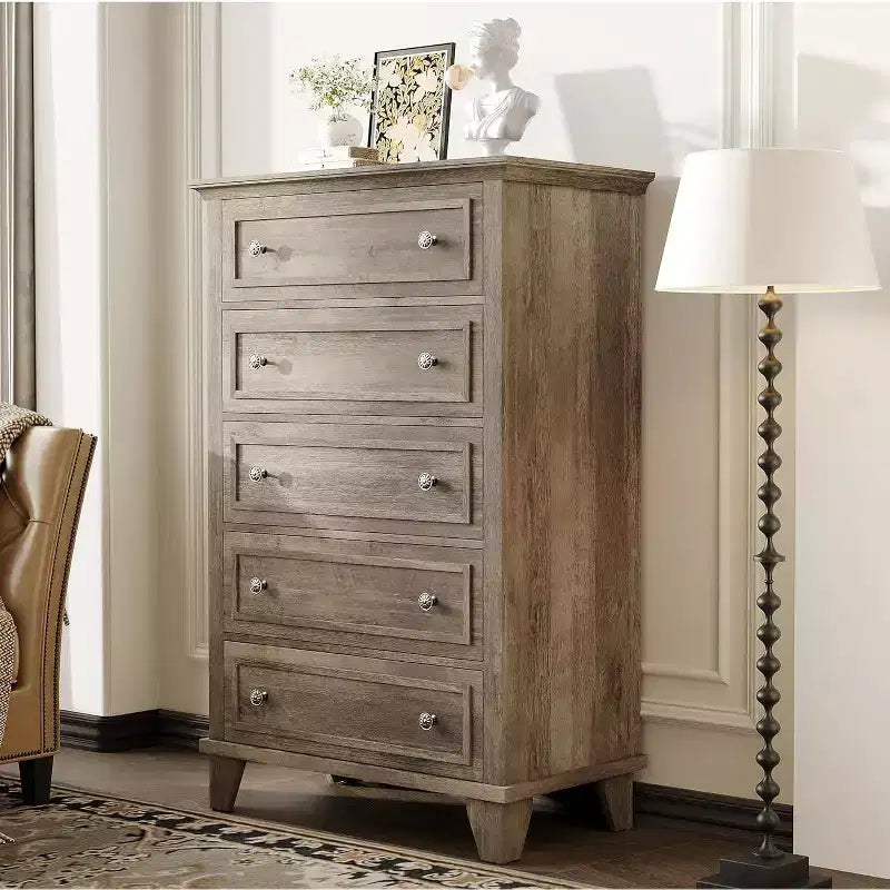 Vintage Kommode mit 5 Schubladen, Standfestes Kippschutz-Aufbewahrungsmöbel aus MDF mit leichtgängiger Metallschiene für Schlafzimmer und Wohnzimmer