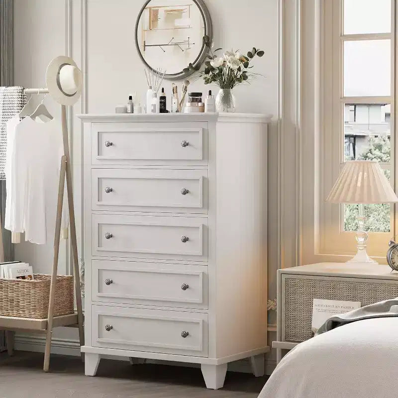 Vintage Kommode mit 5 Schubladen, Standfestes Kippschutz-Aufbewahrungsmöbel aus MDF mit leichtgängiger Metallschiene für Schlafzimmer und Wohnzimmer