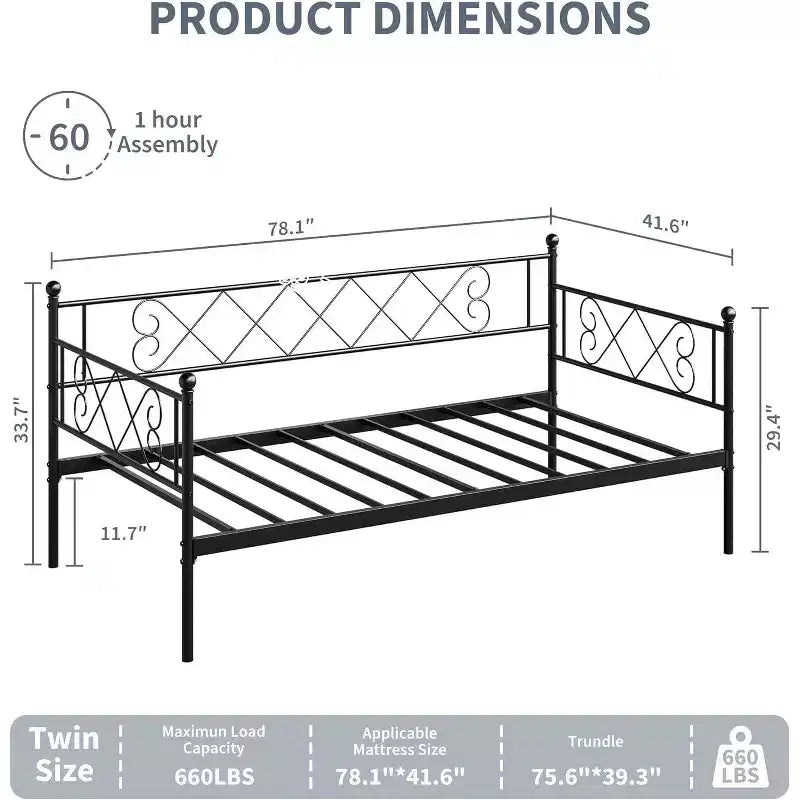Tagesbett ohne Ausziehbett, Twin-Size mit herzförmigem Kopfteil, stabiles Metall-Schlafsofa für Wohn-/Schlaf-/Gästezimmer, einfache Montage, Schwarz