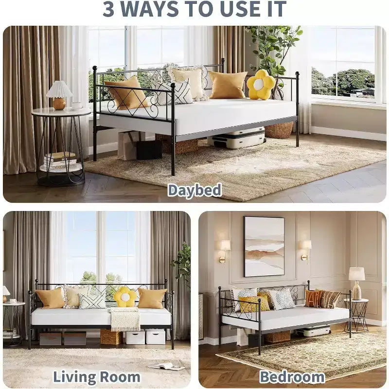 Tagesbett ohne Ausziehbett, Twin-Size mit herzförmigem Kopfteil, stabiles Metall-Schlafsofa für Wohn-/Schlaf-/Gästezimmer, einfache Montage, Schwarz