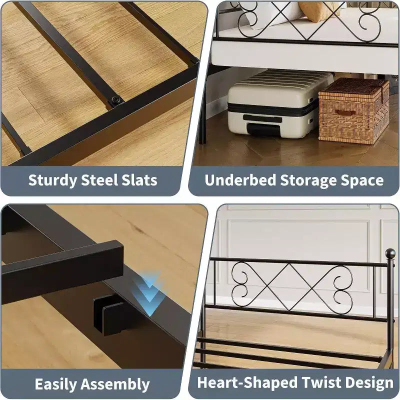 Tagesbett ohne Ausziehbett, Twin-Size mit herzförmigem Kopfteil, stabiles Metall-Schlafsofa für Wohn-/Schlaf-/Gästezimmer, einfache Montage, Schwarz
