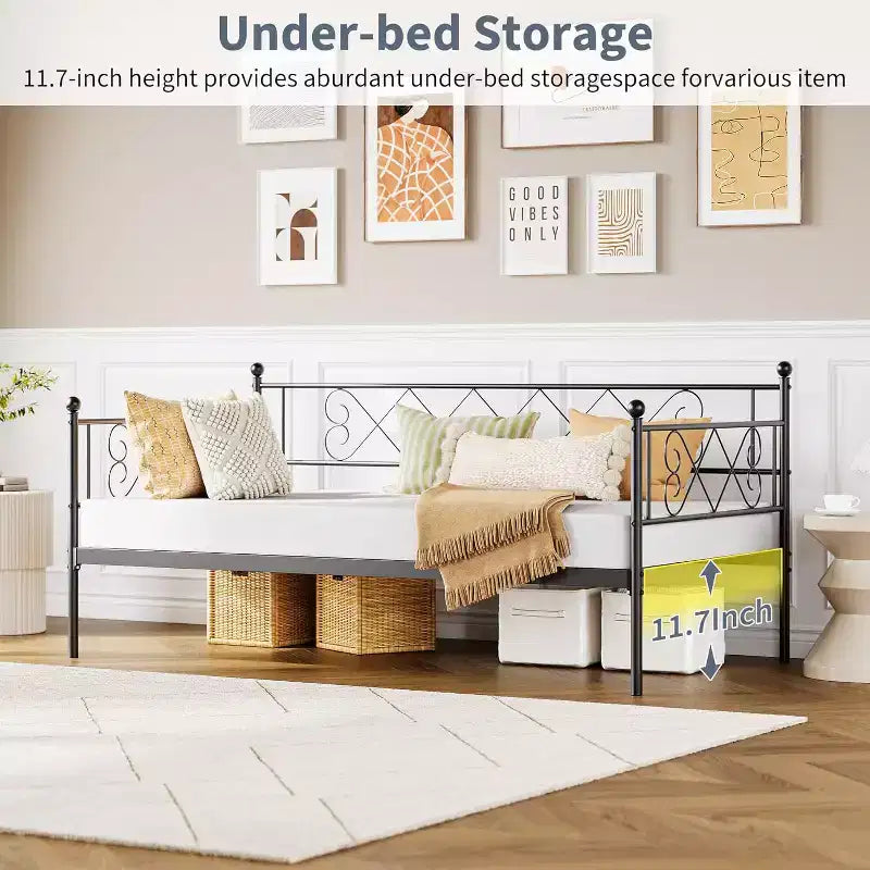 Tagesbett ohne Ausziehbett, Twin-Size mit herzförmigem Kopfteil, stabiles Metall-Schlafsofa für Wohn-/Schlaf-/Gästezimmer, einfache Montage, Schwarz