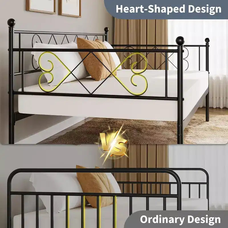 Tagesbett ohne Ausziehbett, Twin-Size mit herzförmigem Kopfteil, stabiles Metall-Schlafsofa für Wohn-/Schlaf-/Gästezimmer, einfache Montage, Schwarz