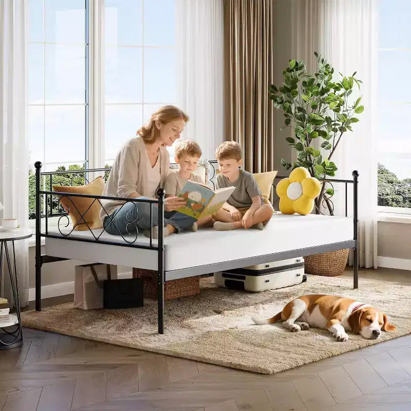 Tagesbett ohne Ausziehbett, Twin-Size mit herzförmigem Kopfteil, stabiles Metall-Schlafsofa für Wohn-/Schlaf-/Gästezimmer, einfache Montage, Schwarz