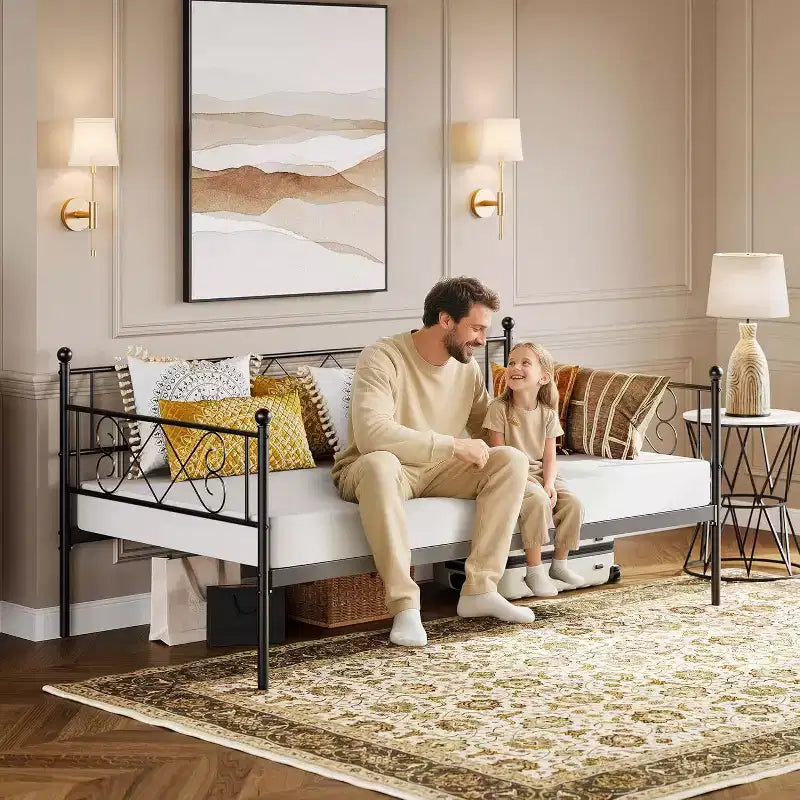 Tagesbett ohne Ausziehbett, Twin-Size mit herzförmigem Kopfteil, stabiles Metall-Schlafsofa für Wohn-/Schlaf-/Gästezimmer, einfache Montage, Schwarz